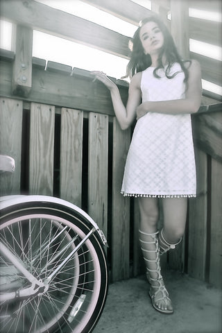 Diamond Print Pom Pom Dress in soft white cotton for summer - KARMA for a cure