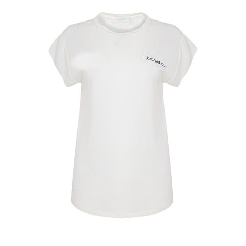 KARMA Handwritten Embroidered T-Shirt in white cotton - KARMA for a cure by Margaux