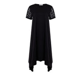 Capri Floral Tee Dress in black silky fabric with embroidered sleeves - KARMA for a cure by Margaux NYFW